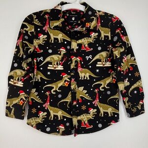 Cactus Boys Size 5 6 Button Front Shirt Black Green Christmas Dinosaurs Skiing